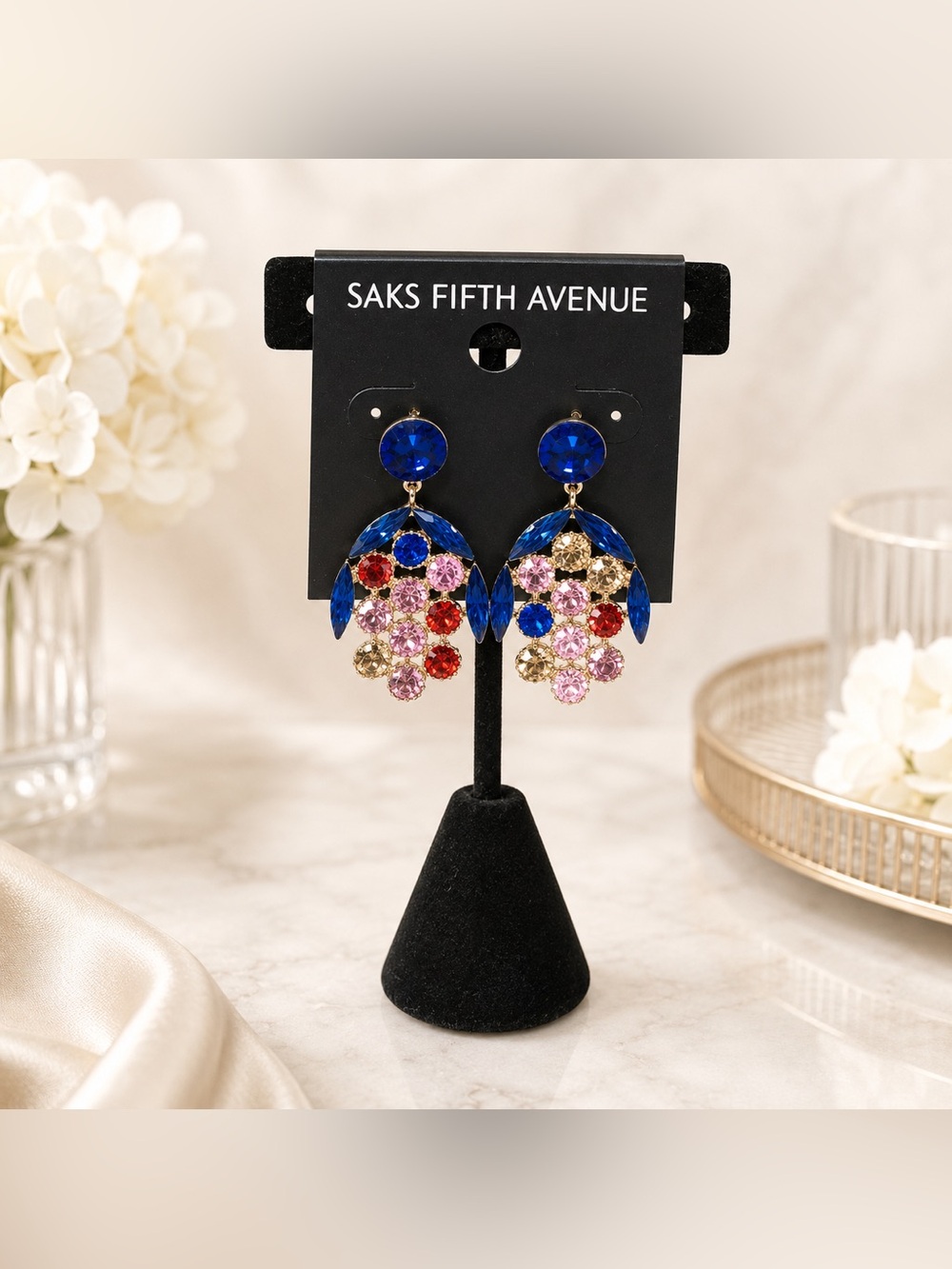 10. Saks Fifth Avenue Blue and Pink Rhinestone Earrings